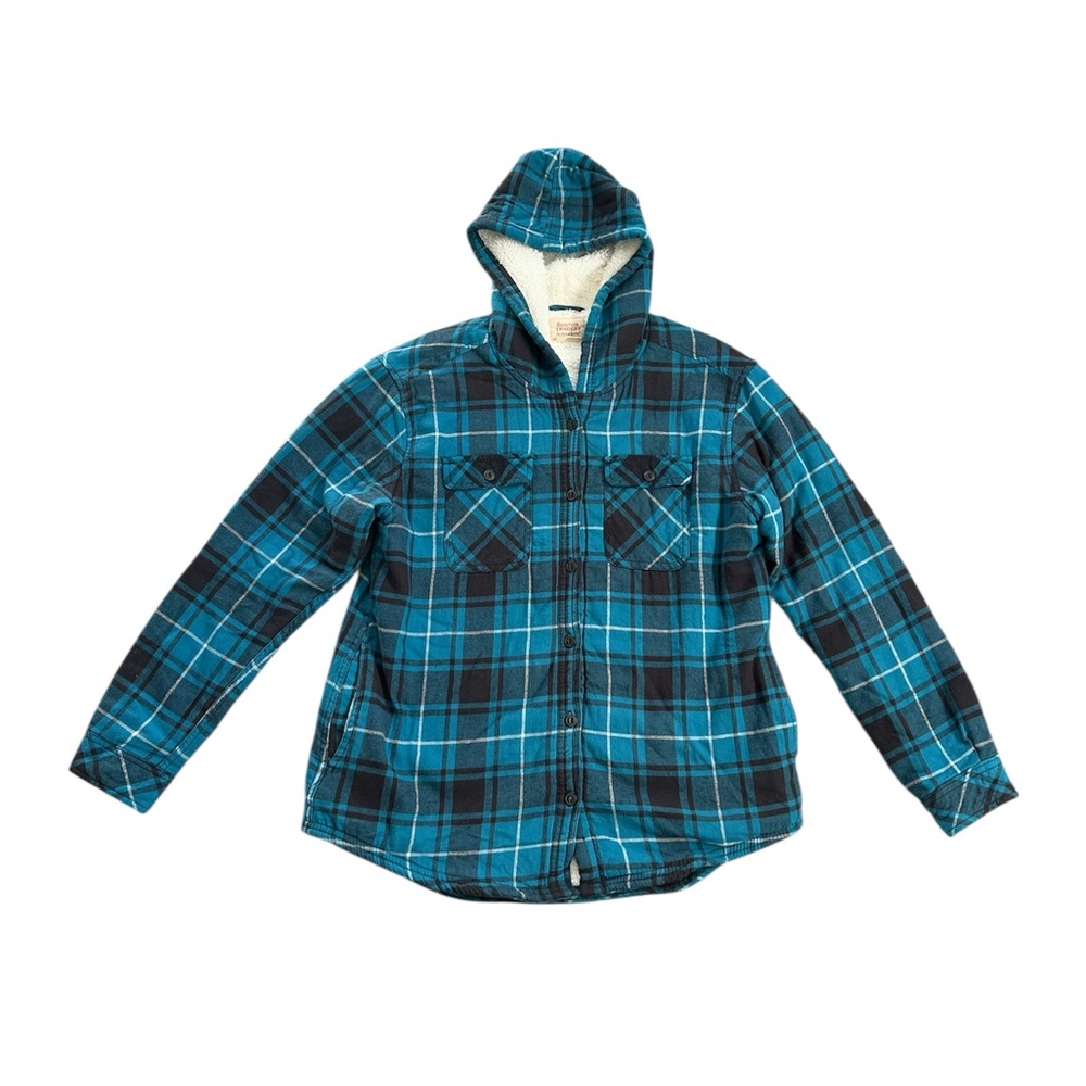 Flannel Plaid Teal Hooded Button Down Shirt Jacket Shacket Boston Traders Size L